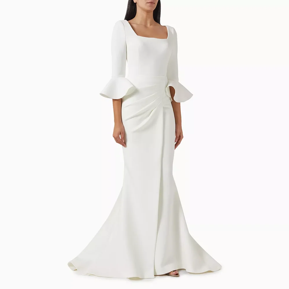 

Solid Color Evening Dresses for Women Square Neck Half Sleeves Pleat Mermaid Jersey Long Formal Party Dress Customized
