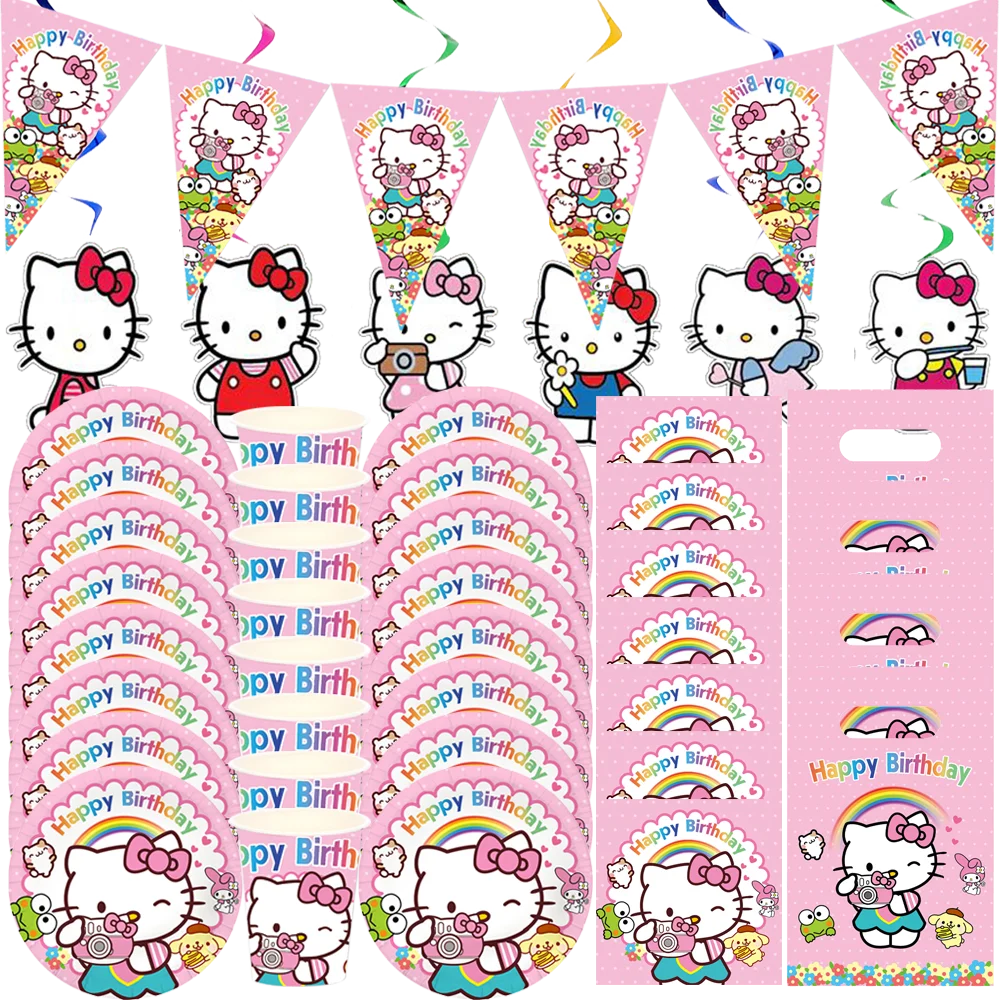 Cartoon Pink Cat Disposable Tableware Birthday Decor Hello Party Balloons Baby Shower Birthday Party Supplies Free Customization