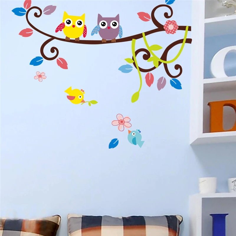 Cute Owlets Birds On Flowers Vine Wall Sticker For Kids Room Bedroom Home Decoration Diy Animal Mural Art Girls Wall Decal