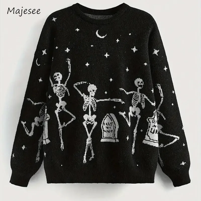 

Skeleton Printed Pullovers Men Loose Autumn Winter High Street Fashion All-match Designed Teens Knitted Sweater Outwear Chic Ins