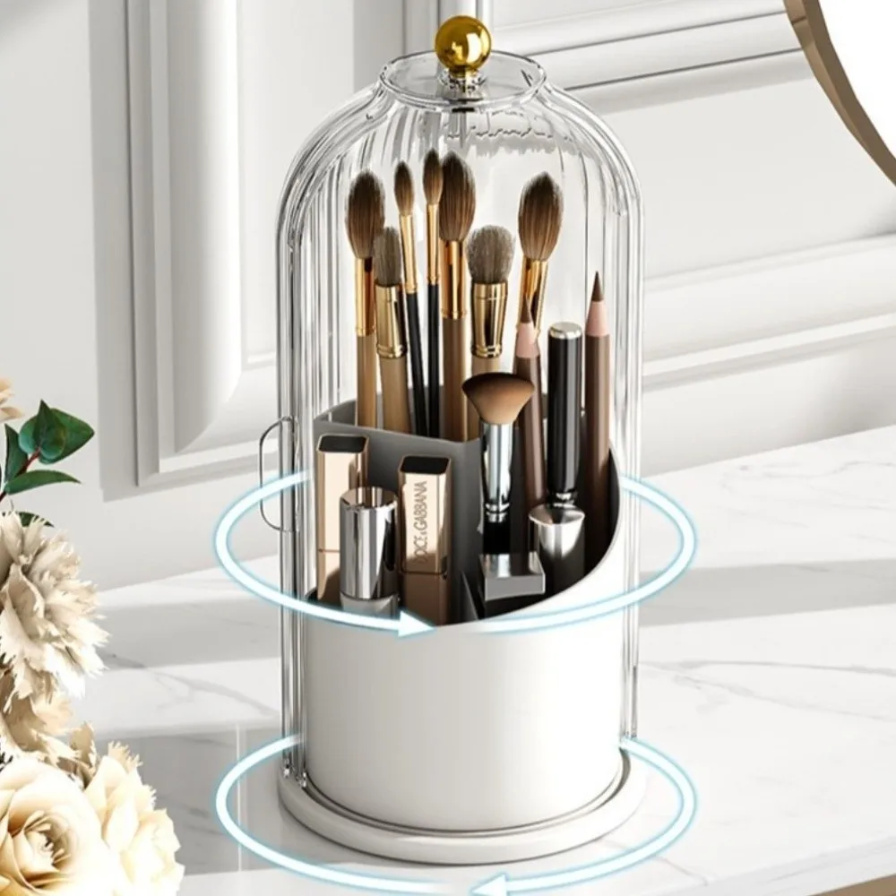 360° Rotating Makeup Brush Holder With Lid Dustproof Large Capacity Luxury Cosmetic Organizer Lipstick Container Transparent