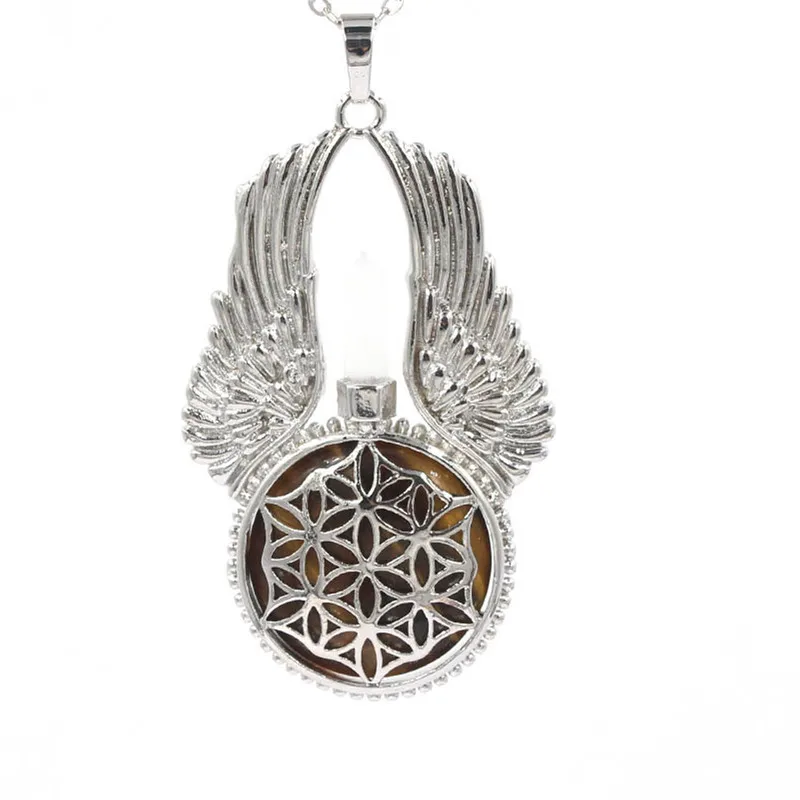 Natural Stone Pendant Reiki Women Angel Wings Hexagonal Round Flower of Life Necklace Wrapped Crystal Caller