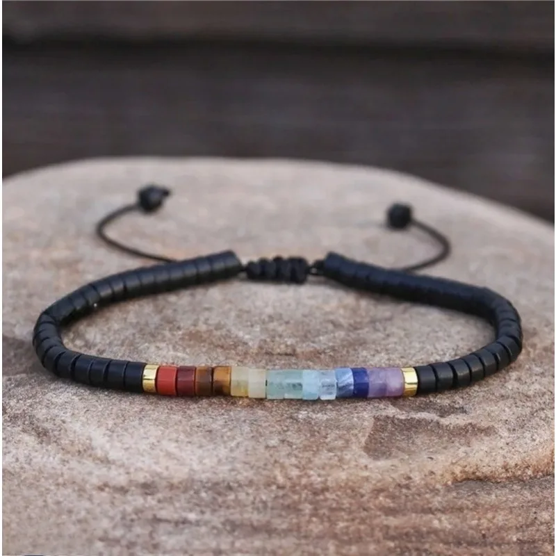 Chakra Black Stone Meditación Bohemia Yoga Pulsera de piedras preciosas, Protección de equilibrio, calma, poder