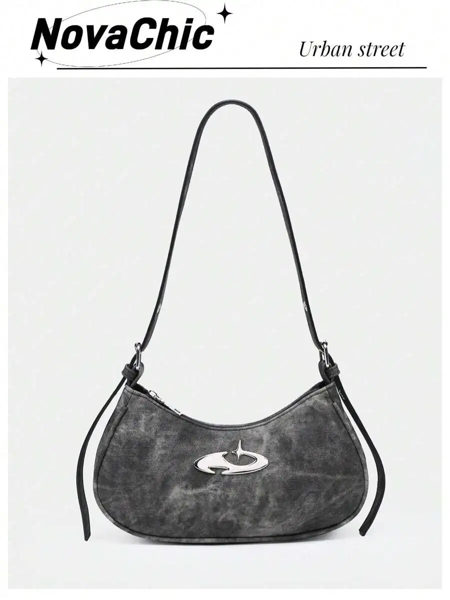 

Distressed Gray Saddle Bag with Metallic Logo Accent, Adjustable Strap, Urban Street Style