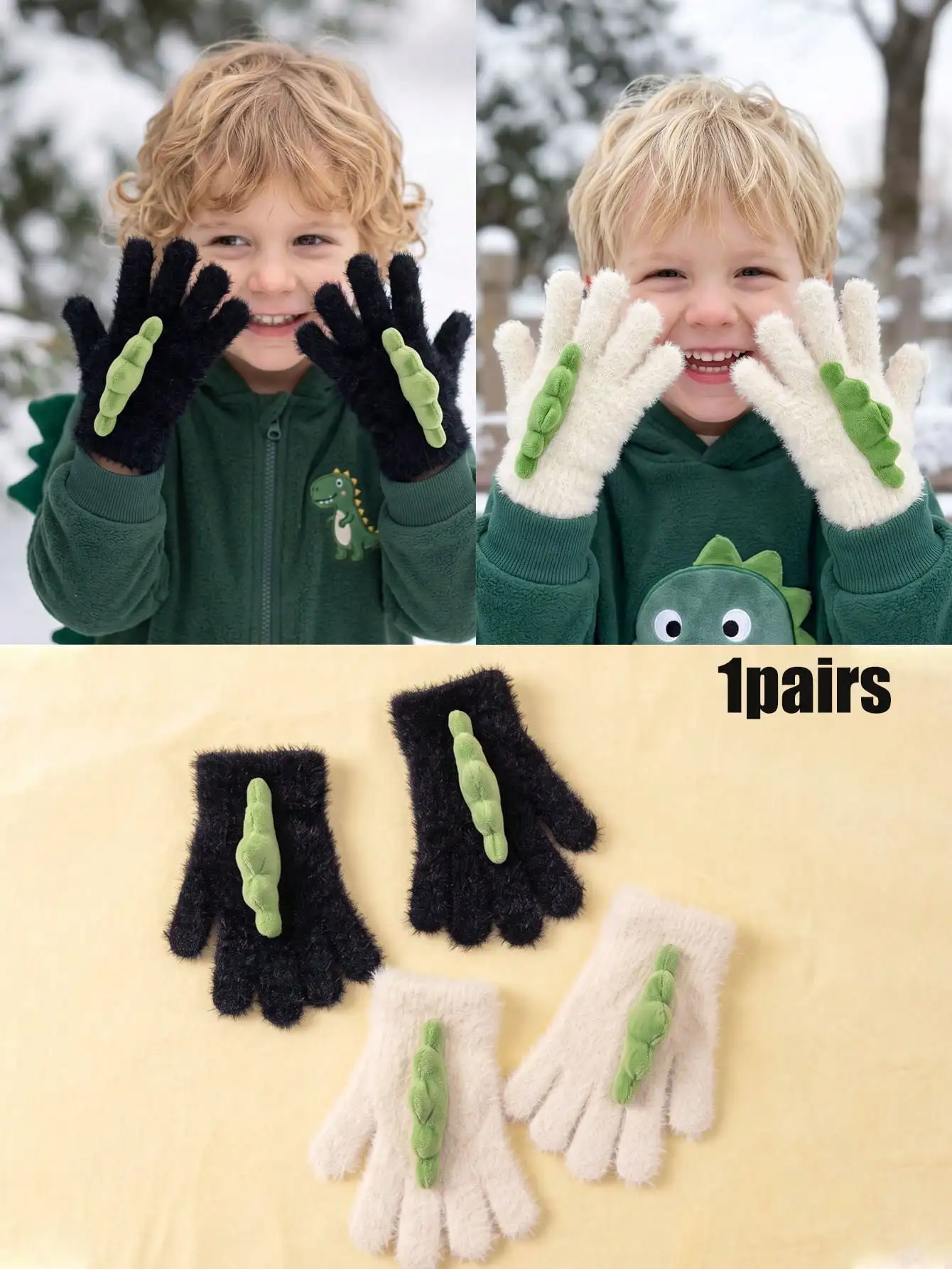 1Pair 4‑10Y Boys Dinosaur Plush Knit Gloves, Cartoon Full‑Finger Knitted Gloves for Kids Seasonal Daily Matching Outfits