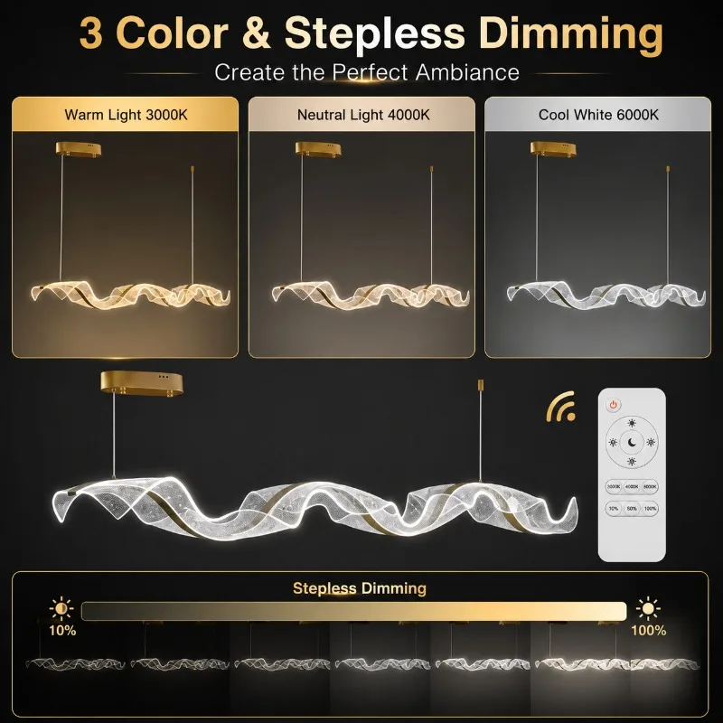 100cm Wavy Pendant Light Modern LED Hanging Lamp Acrylic Iron Art Chandelier for Dining Room Kitchen Island Bar Counter