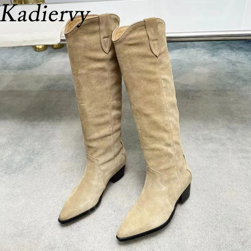 Suede Leather Embroidery Western Cowboy Boots Women Pointed Toe Slip-On Long Boots Women Square Heels Knee-High Boots Woman