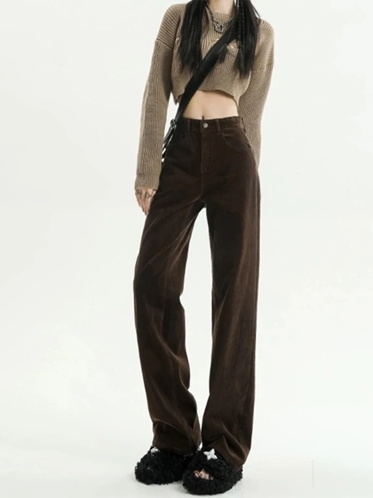 Women\'s Brown Baggy Corduroy Pants Vintage Y2k Straight Pants Harajuku Aesthetic Oversize High Waist Trousers 2000s Clothes 2024