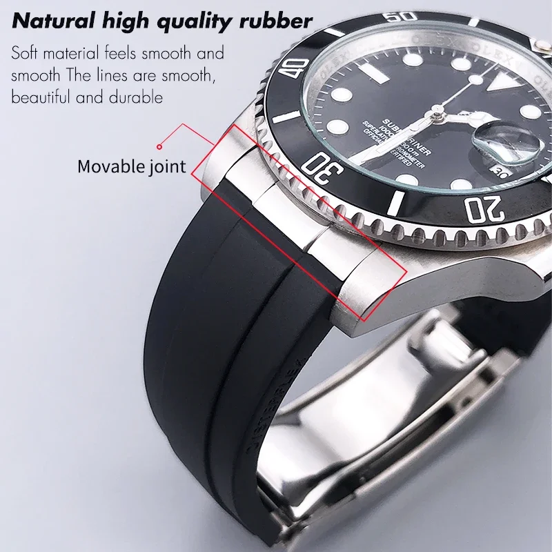 20mm Metal Link Rubber Silicone Watchband for Rolex Submariner Yacht Master GMT Daytona OYSTERFLEX Curved End Watch Strap