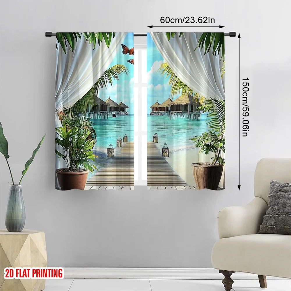 2pcs 2D flat printing Curtains Tropical Green Tree Butterfly Island Summer Natural Scenery Fabric Without Electricity Party