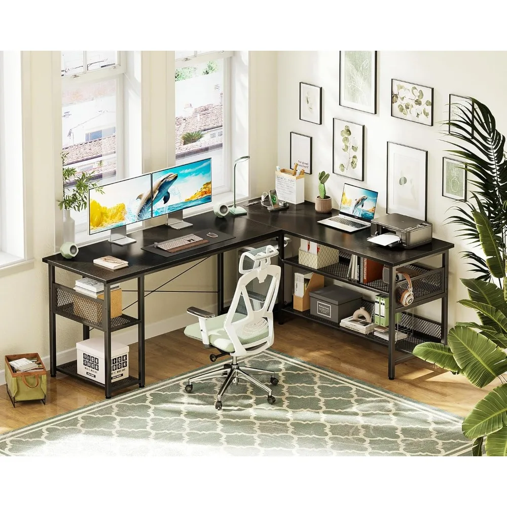 66" L Shaped Desk with Power Outlet and USB Charging Ports, Reversible L Shaped Computer Desk with Storage Shelves