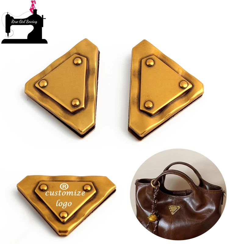 

50/100PCS 39x26mm Old Gold Triangle Metal Label With Screw For Personalized Purse Bags Handbag Laser Customize Brand Logo Tag
