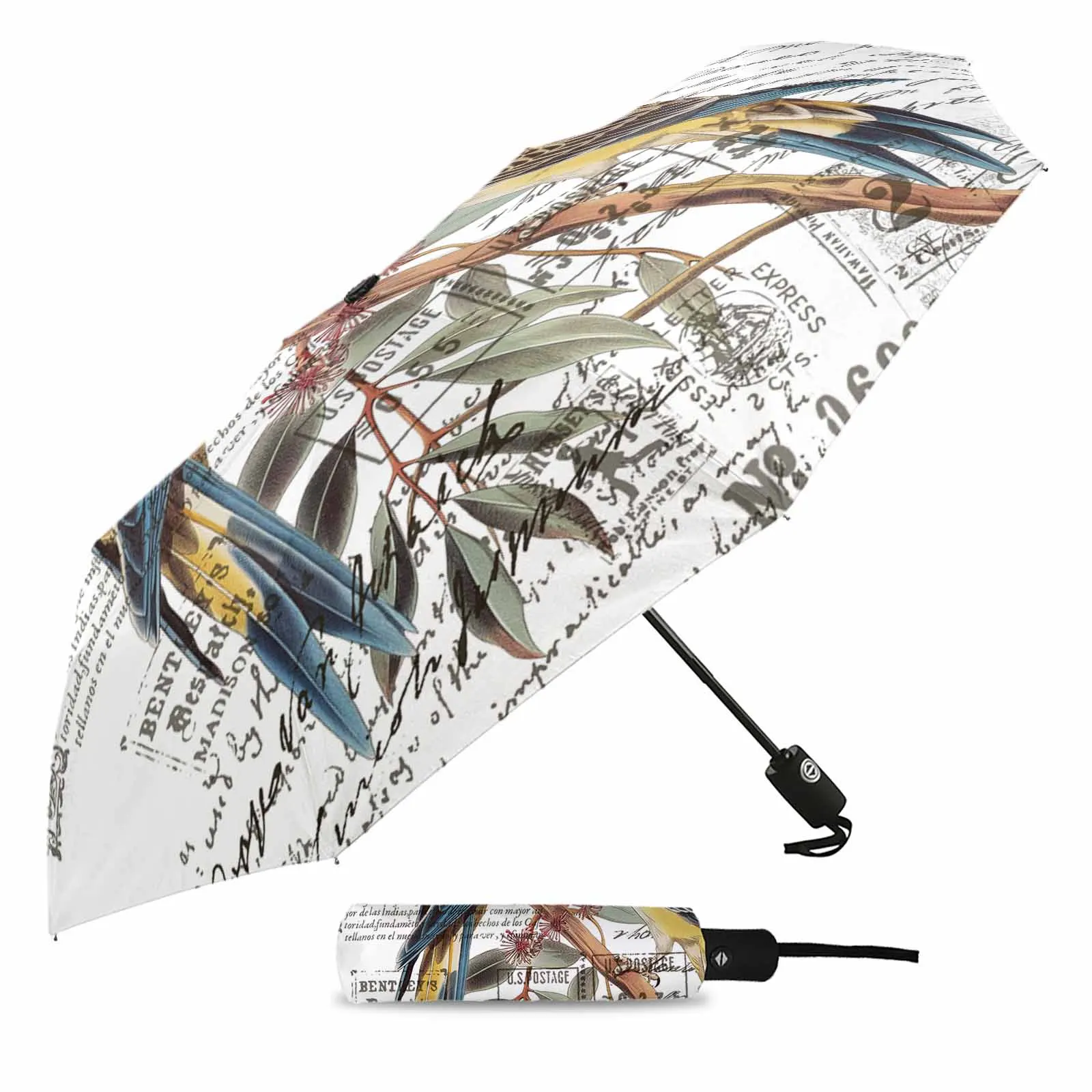 Vintage Bird Hand Drawn Envelope Automatic Umbrella Travel Folding Umbrella Portable Parasol Windproof Umbrellas