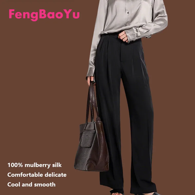 

Fengbaoyu Natural Pure Silk Women's Pants - Summer Spring Pure Knitted Straight Pants with Simple Style, Lustrous, Soft Cool