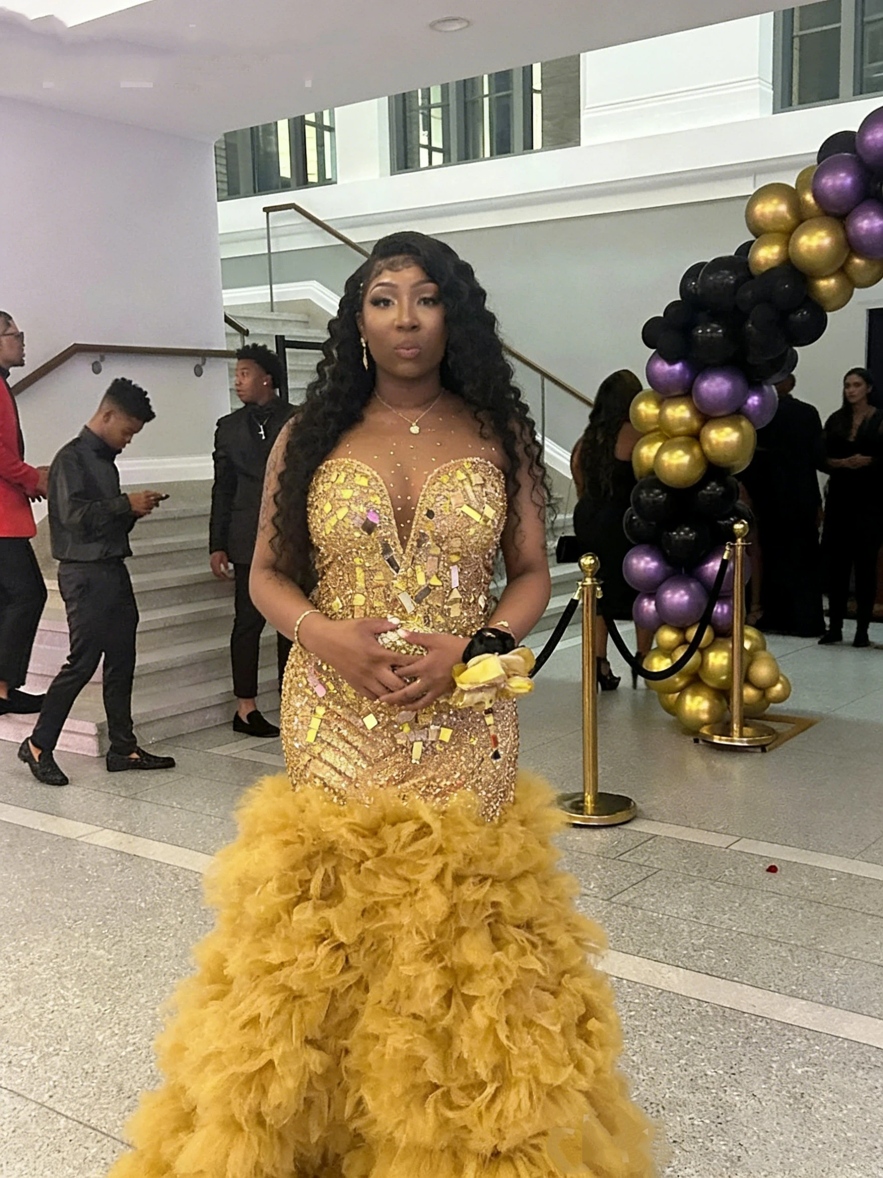 Sparkling Golden Mermaid Crystal Glitter Ball Dress Sexy V-neck African Formal Wedding Celebrity Birthday Party Dress Customized - view 3