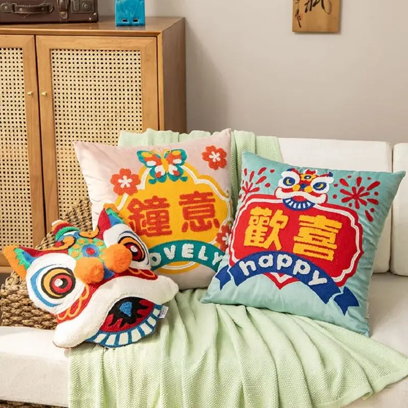 Chinese Dance 3D Lion Embroidery Cushion Velvet Tufted Pillow With Fillings Sofa Backrest Cushion Home Decorative Coussin