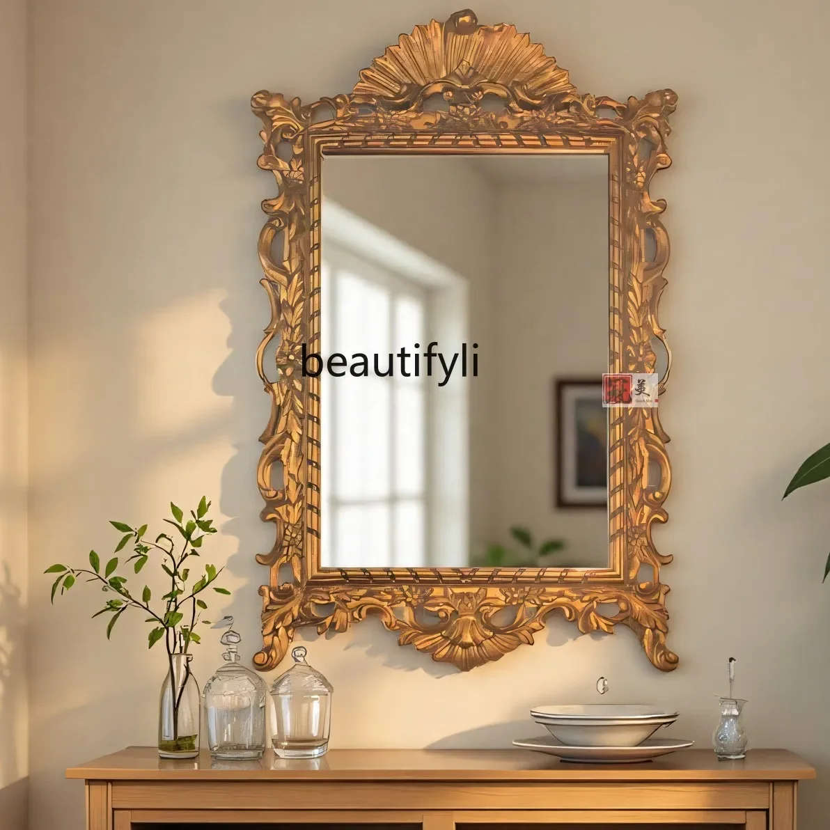 

B06 French fireplace wall-mounted decoration, home American carved bedroom vanity mirror, European retro wall-mounted vanity mir