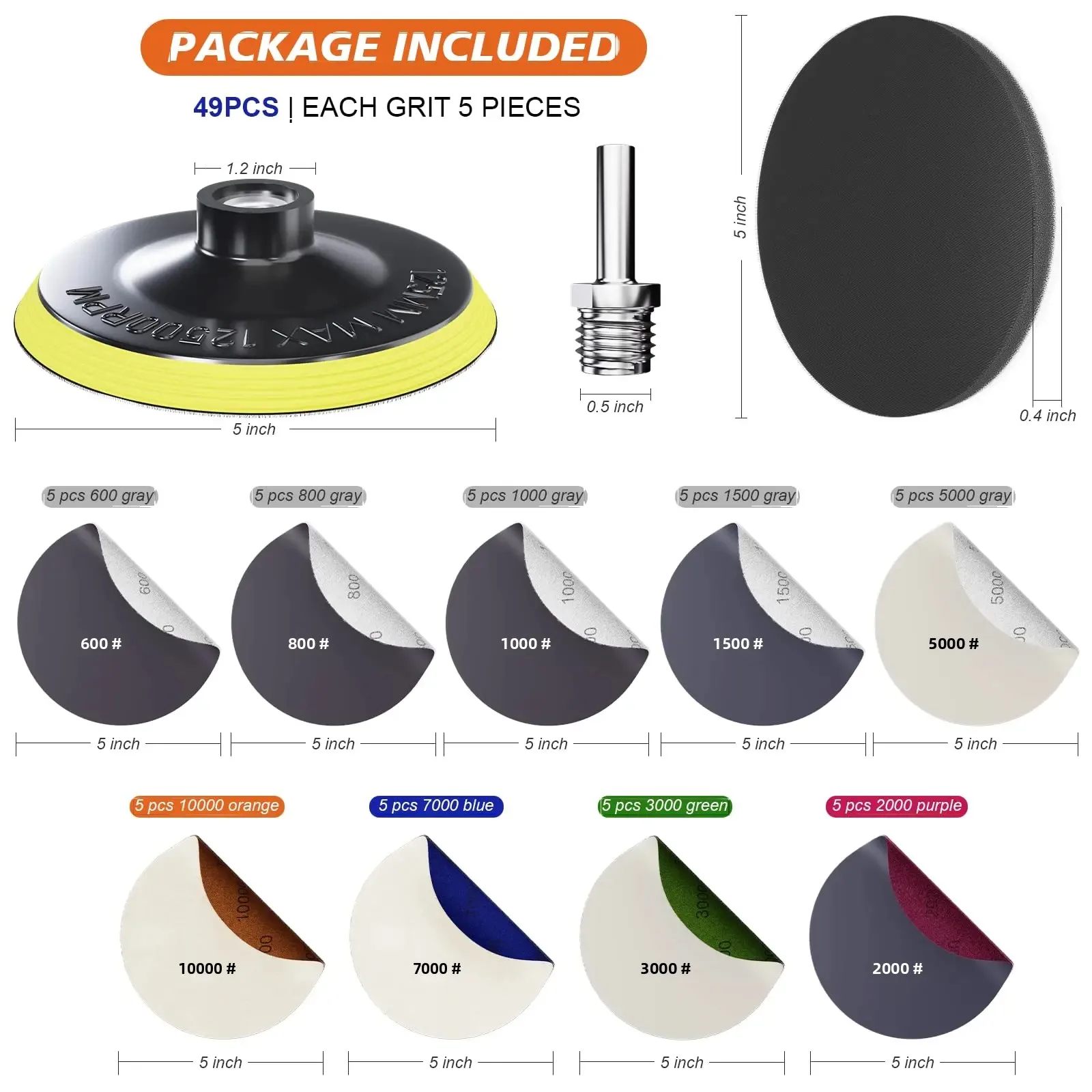 49PCS 5 Inch 125 MM Hook and Loop Wet Dry Sanding Discs Kit 600-10000 Grits with 5/8-11 Drill Adapter for Wood Metal Car Polish