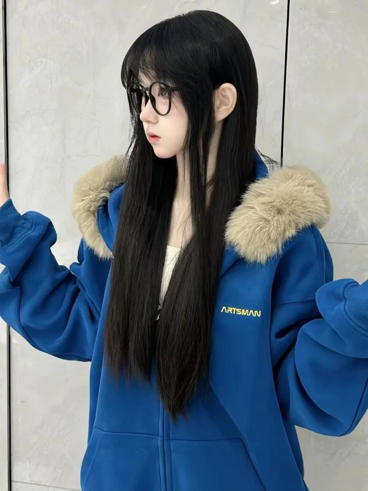 

Ретро-куртка в американском стиле синего цвета с капюшоном, женская, на флисовой подкладке, свободного кроя, повседневная, на молнии, модная, удобная, в стиле Lazy Sle Design