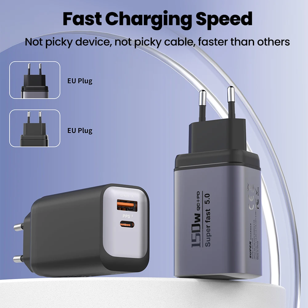 150W USB Type C Super Fast Charging Mobile Phone Charger QC3.0 PD3.0 EU/UK/US Charger For Iphone 17 16 15 Samsung Huawei Xiaomi - náhled 2