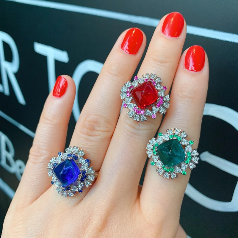 

Color-Block Zircon Ring Micro-Paved Blue Sapphire Green Sapphire Ruby Ring Fashion Adjustable Ring