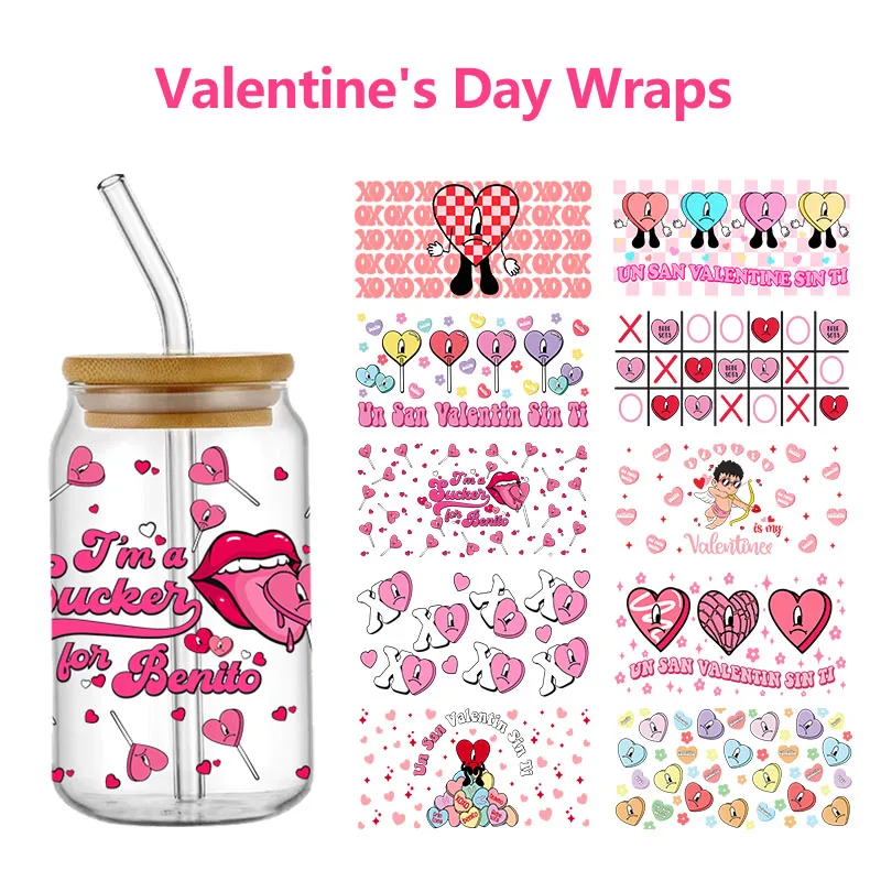 Valentine's Day UV DTF Transfers Stickers Happy Love Cup Wraps 16oz Libbey Glass Can Waterproof DIY Personalize Sticker Labels