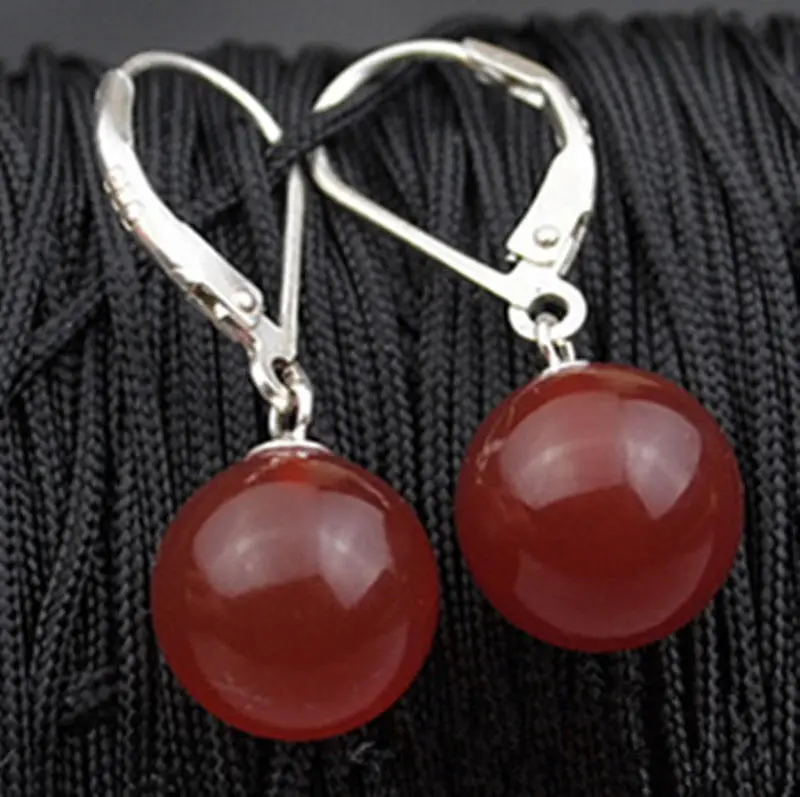 

Fashion 10mm Red Jade Round Beads Silver Leverback Hook Earrings