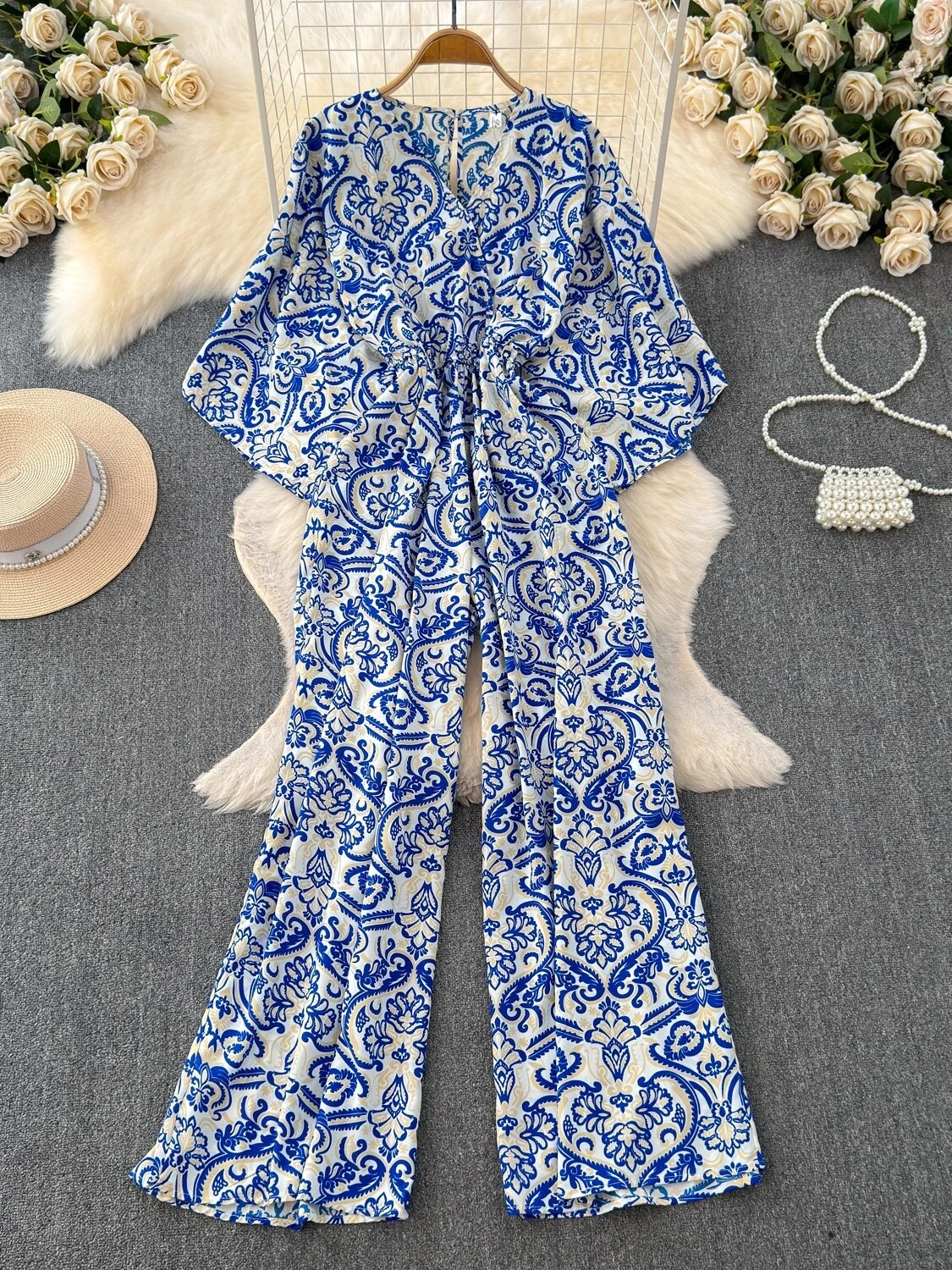 

Sexy V-Ne Bell Sve Slimming Print One-Piece Pants High Waist Wide Leg Long Pants Women's Jumpsuit Summer Faionable