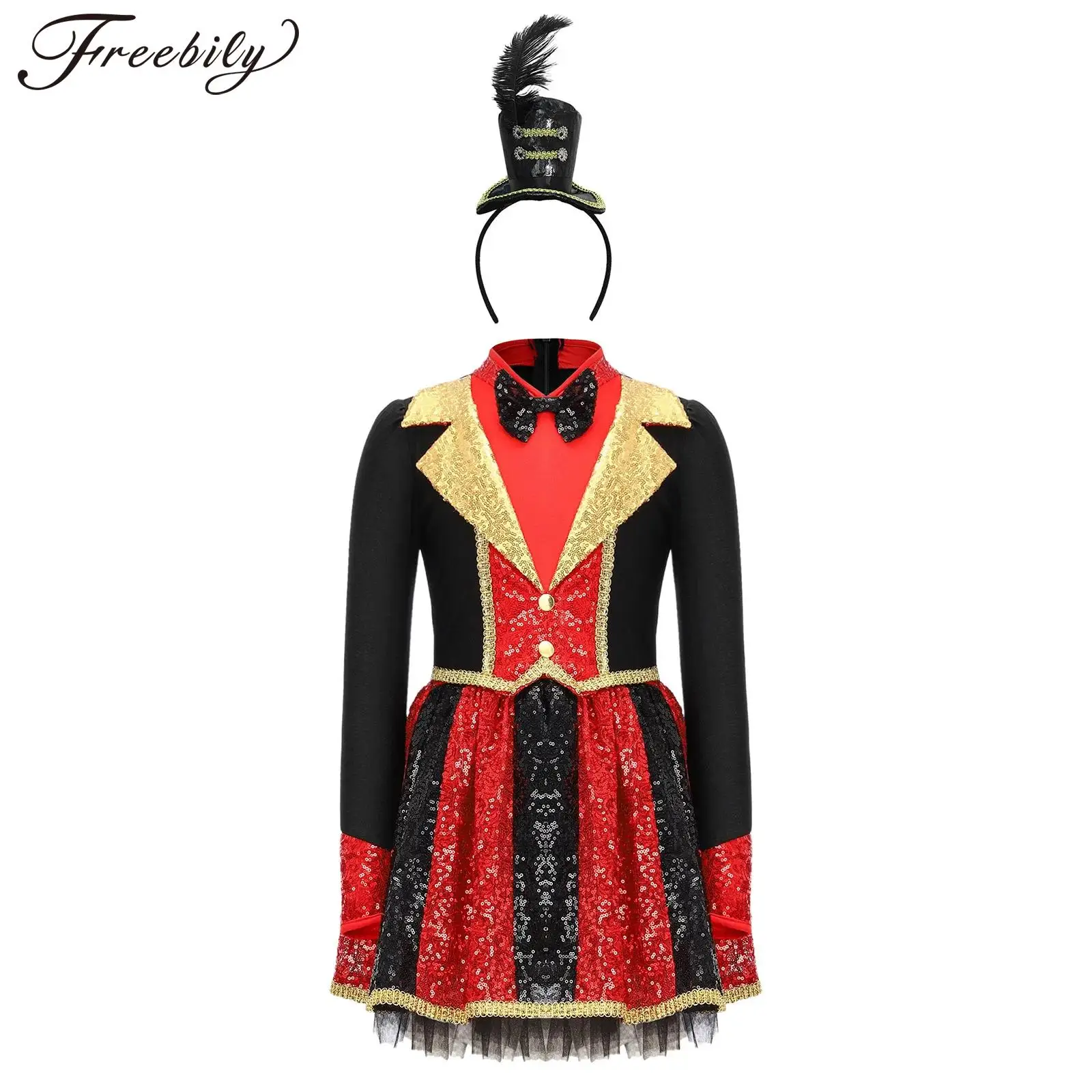 

Костюм для косплея циркового манежа для девочек, карнавальный костюм на Хэллоуин, барабан, походная группа, наряд, блестящее платье с блестками и шляпой