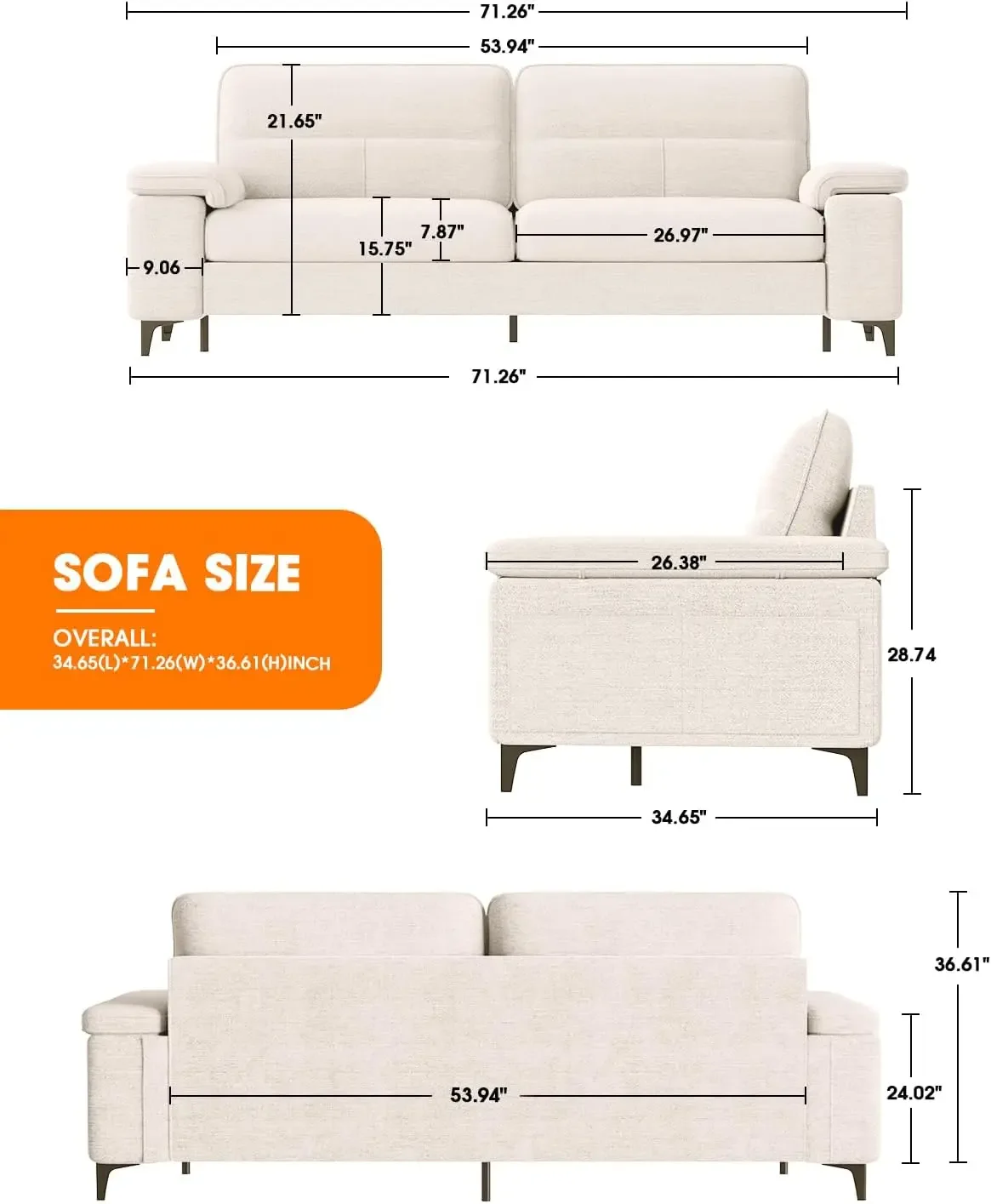 71.25"" Modern Sofa Couch For Living Room, Deep Seat Sleeper Sofa With 8”Cushion, Comfy 2-Seater Chenille Loveseat Sofa With