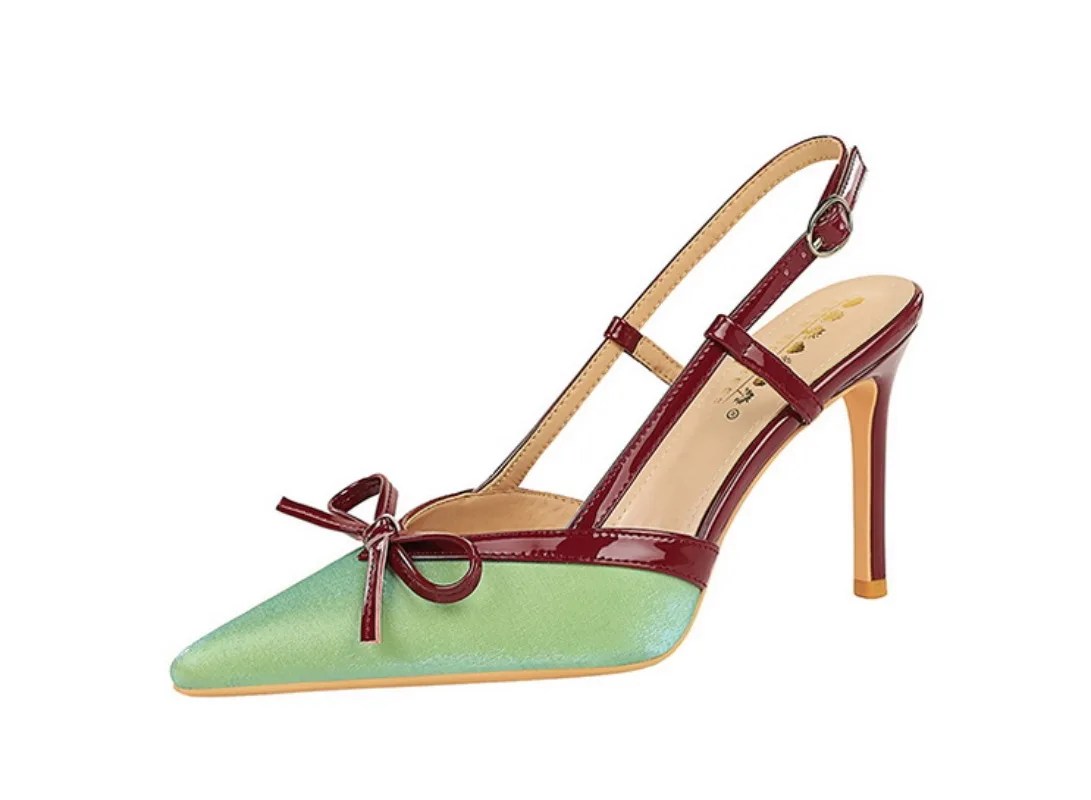 

Новинка лета 2025 года, пикантные зеленые декоративные туфли на шпильке с бантом и сандалии с открытой пяткой для женщин