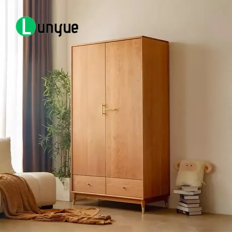 Nordic Solid Wood Wardrobe Cherry Oak Double Door Log Color Bedroom Closet Storage Furniture for Small Apartment Modern Home