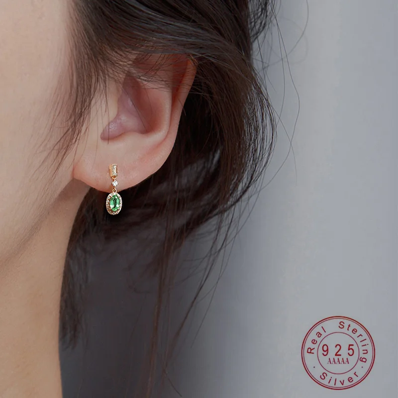 925 Sterling Silver Electroplated 18K Gold Retro Green Zircon Pendant Earrings for Women Fashion Temperament Jewelry Accessories