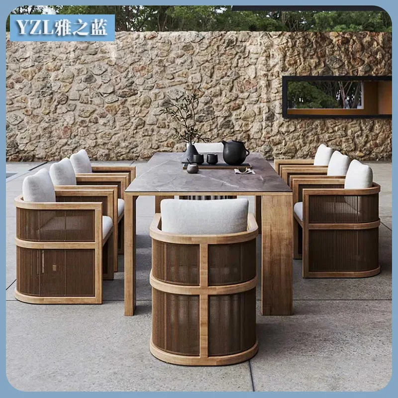 

Outdoor Teak Table And Chairs Courtyard Open-air Dining Table And Chairs Hotel Villa Outdoor Solid Wood Long Table Rattan