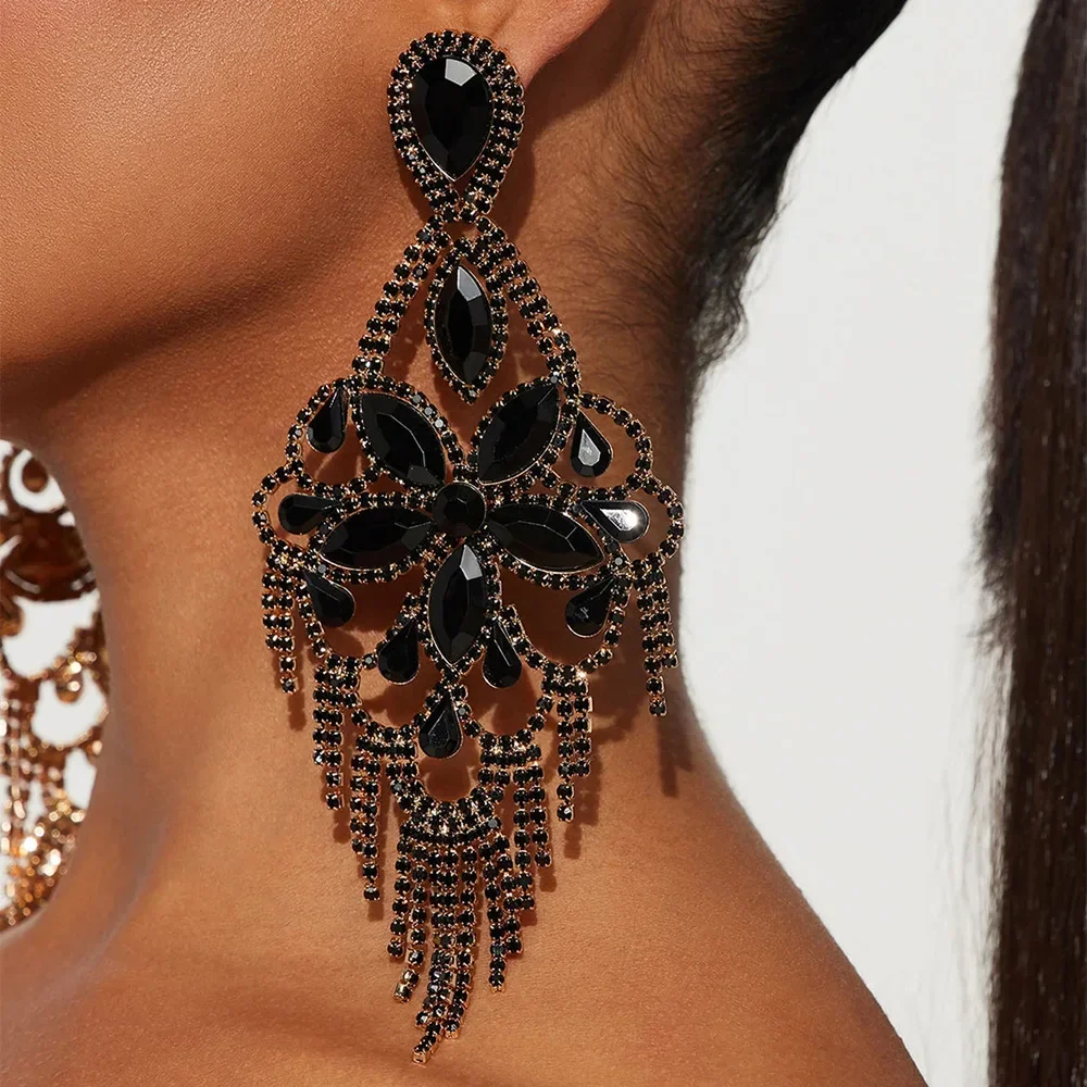 

Black Rhinestone Flower Tassel Earrings for Girls Trending Elegant Dangle Bohemian Jewelry Luxury Gift Decoration Accessories