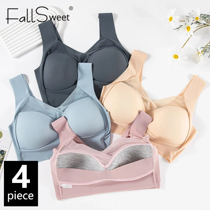 FallSweet 4Pcs Plus Size Seamless Wireless Bra for Women Push Up Backless Bralette Sexy Comfortable Underwear Sports Lingerie