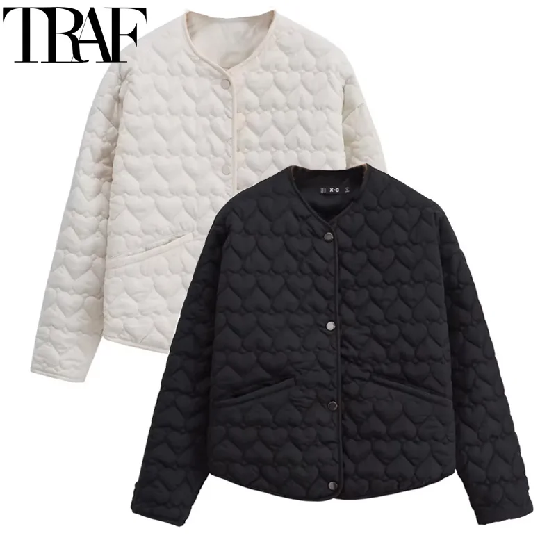 TRAF Winter Coats Woman Parkas Heart Quilted Jacket Women Autumn Long Sleeve Black White Padded Jacket Warm Lightweight Coat