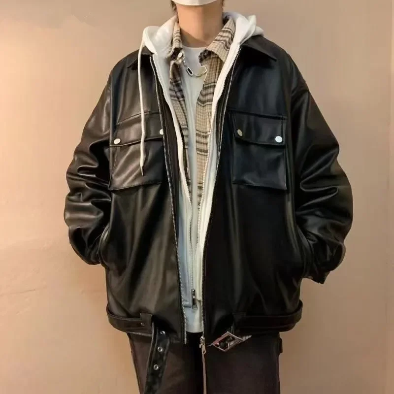 Oversized Men's Leather Jackets VIntage Hooded Jackets Faux Leather Coat Korean Style Big Pockets Windbreaker PU Biker overcoat