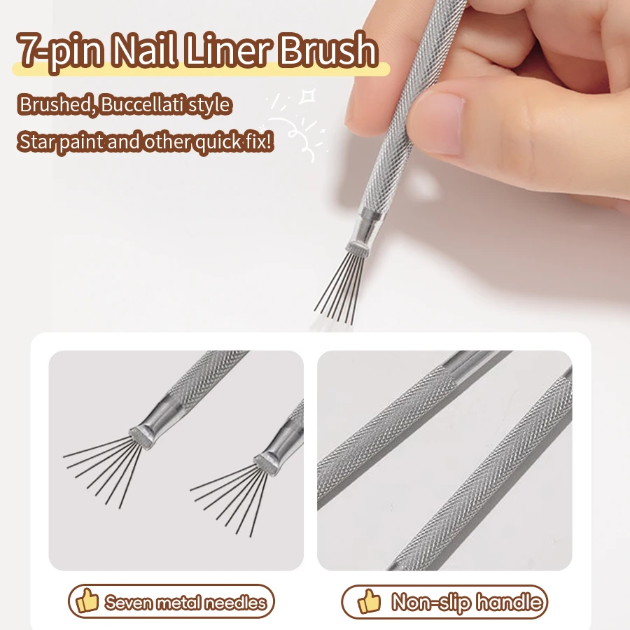 RS NAIL Strumento per disegno a filo per nail art Pennello multifunzionale per rivestimento per unghie in acciaio inossidabile a 7 pin Strumenti per pennelli per texture unghie fai da te pieghevoli