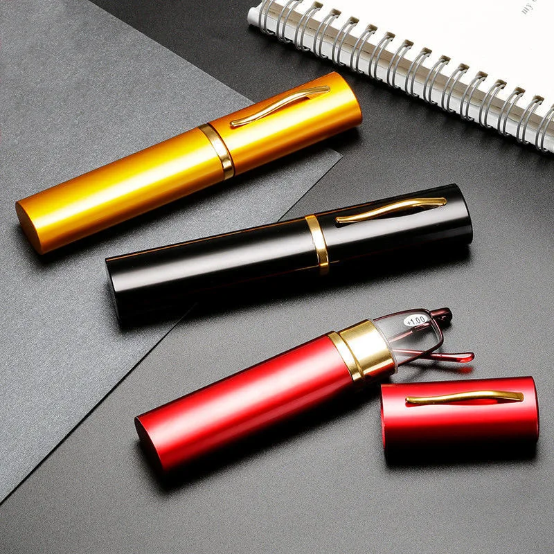 Mini Folding Reading Glasses Women Men Computer Glasses +1.0 To 4.0 Alloy Portable Container Presbyopia Pen Glasses With Box