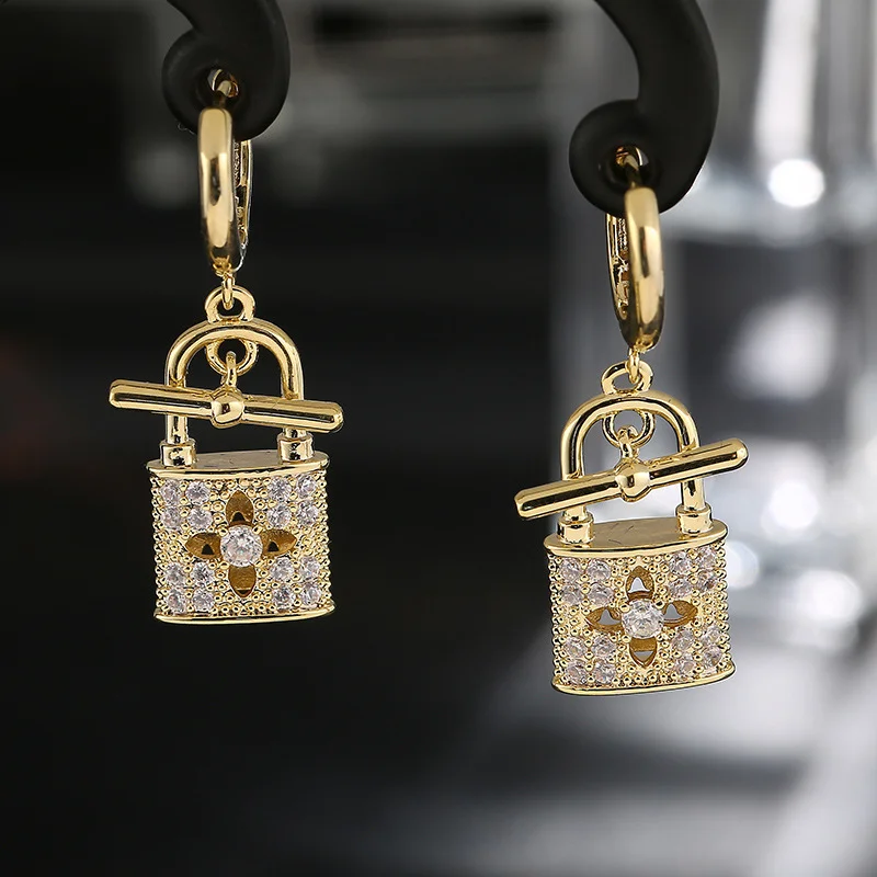 925 Silver Needle Gold Plated Padlock Shape CZ Hoop Earrings, Unique Luxury Statement Jewelry for Women