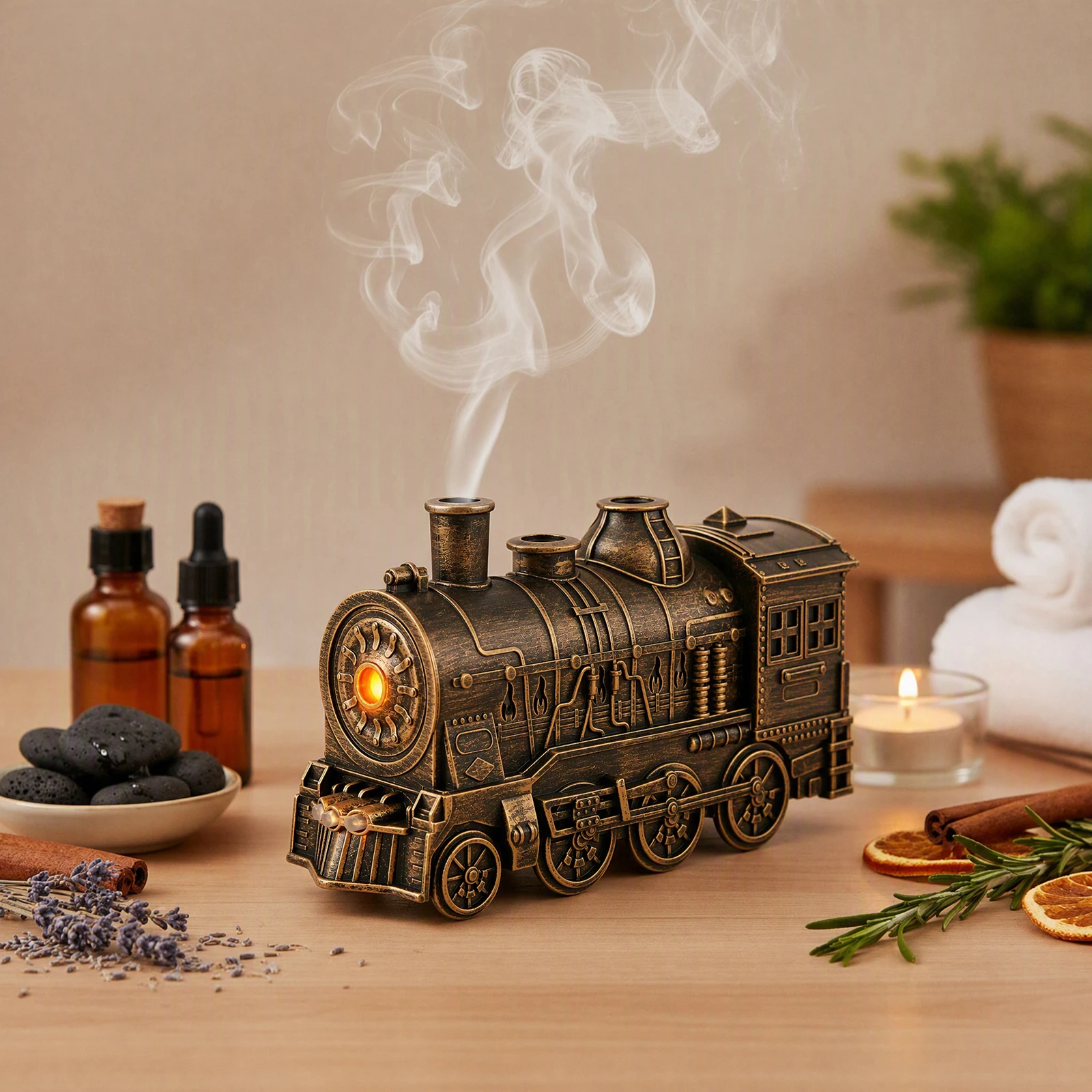 Retro Train Essential Oil Aroma Diffuser with RC Ultrasonic Train Shape Air Humidifier 2-Color LED for Home Office Decor