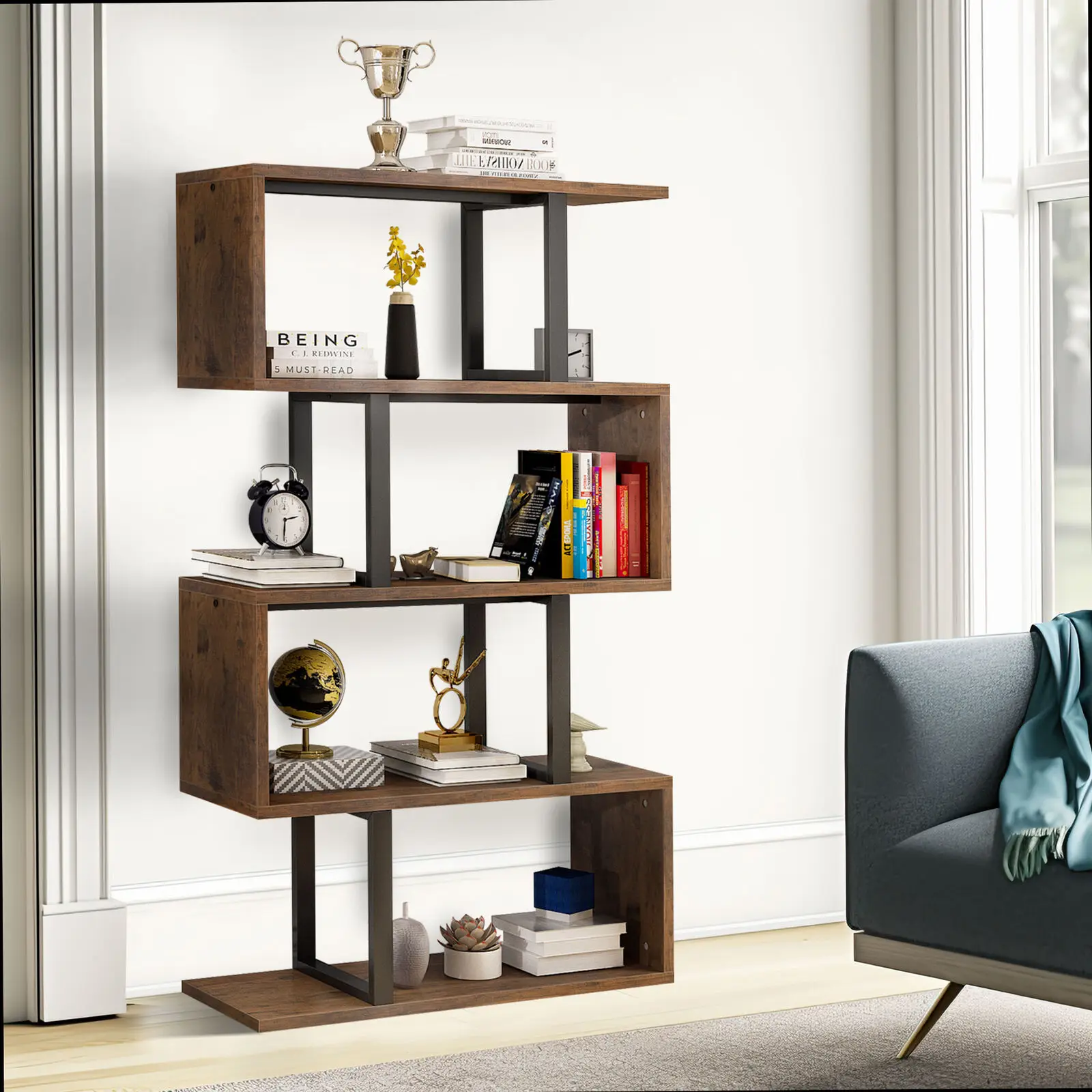 

5 Tier Geometric Bookcase Wooden S Shape Bookshelf Display Storage Book Shelf