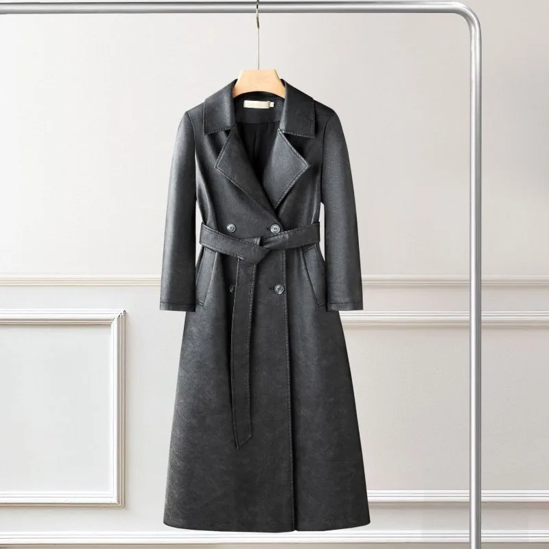 Damski płaszcz w stylu vintage na rok 2025, długi trencz, skórzana kurtka, retro płaszcz wierzchni, wiosenna i jesienna moda, temperamentny styl.