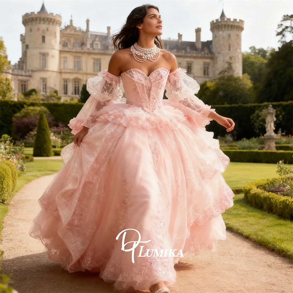 

Pink Lace Customized Quinceanera Dress for Women, Sweet 15 Party Gown for Teens Off the Shoulder Puff Sleeves Womens Communion