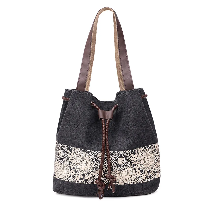 Single shoulder forest women's drawstring new versatile ethnic style canvas bag dual-purpose retro printed bag