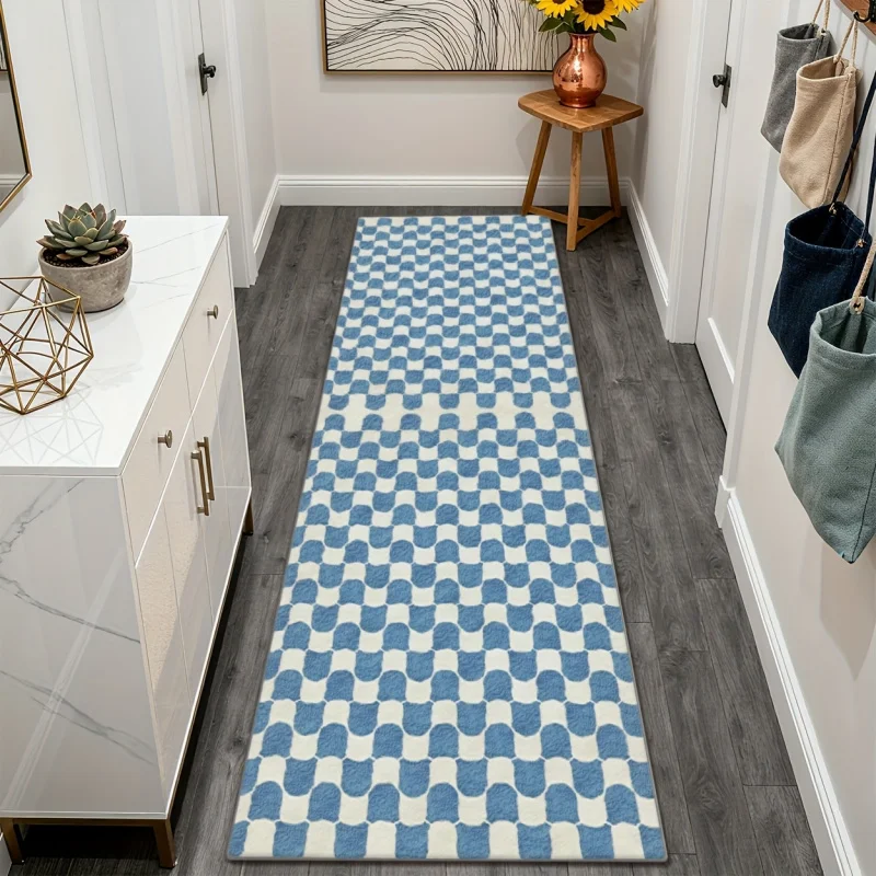 VIKAMA Blue and White Checkered Rug, Soft Non-Slip Hallway Runner, Chair Protector for Home Office, Home Decor