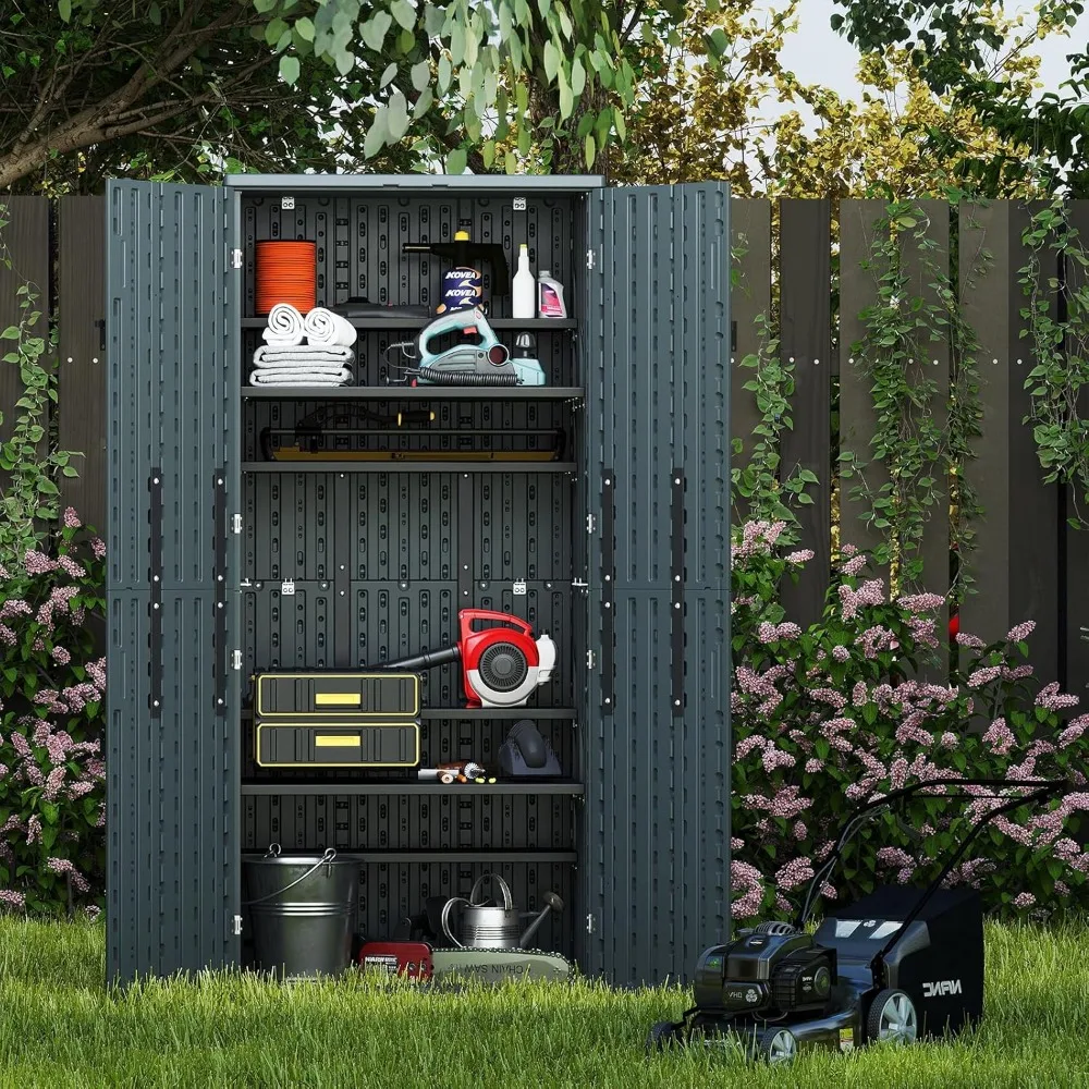 

30 Cubic Ft. Vertical Resin Outdoor Storage Shed with Lockable Double Doors,Tall Storage Cabinet with 4 Shelves, Weather-Resista