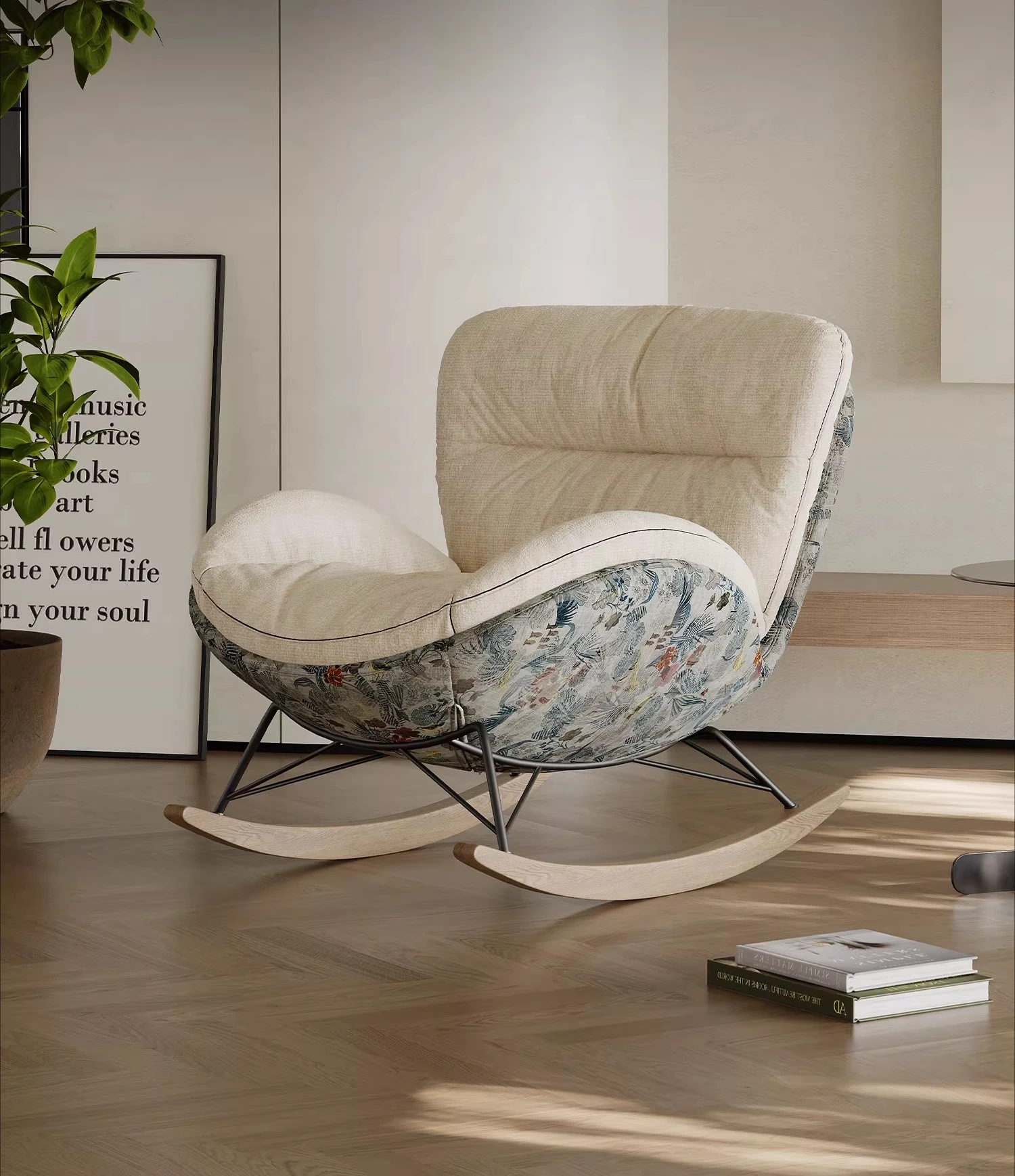 

Modern simple eggshell rocking chair living room sofa chair antique fabric swivel chair designer solid wood leisure recliner