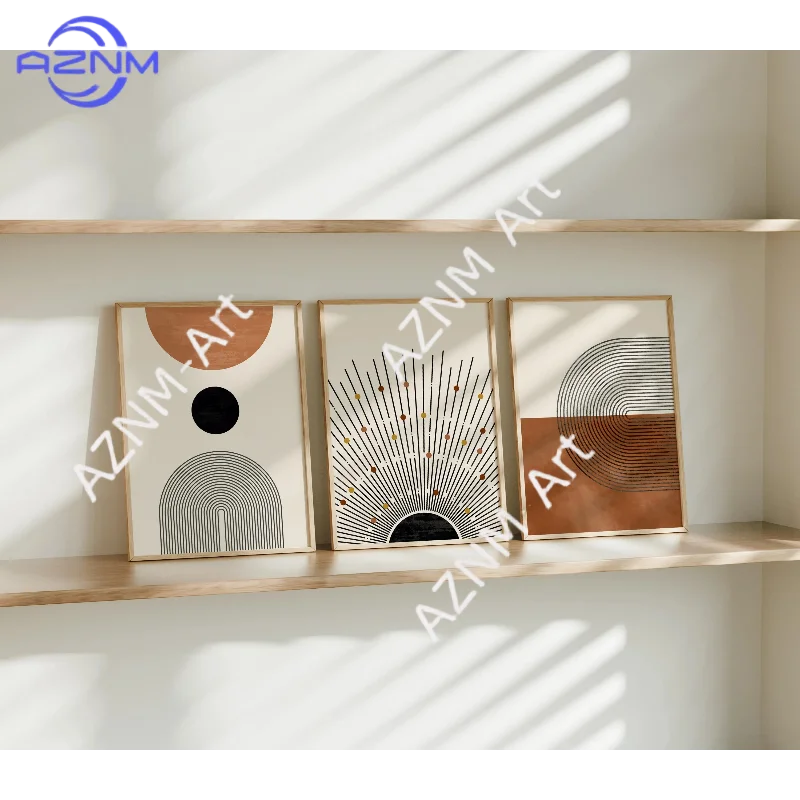 1/3 Stück Boho-Wandkunst mit geometrischem Muster, minimalistische abstrakte Sonne und Linien in warmen Erdtönen, Drucke im Mid-Century-Modern-Stil für Zuhause